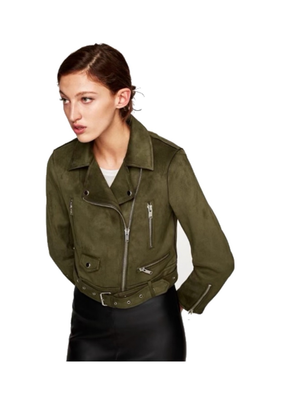 Olive Green Suede Moto Jacket - Women